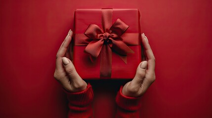 top down view of a woman hands holding a luxury gift box with bow against a red background