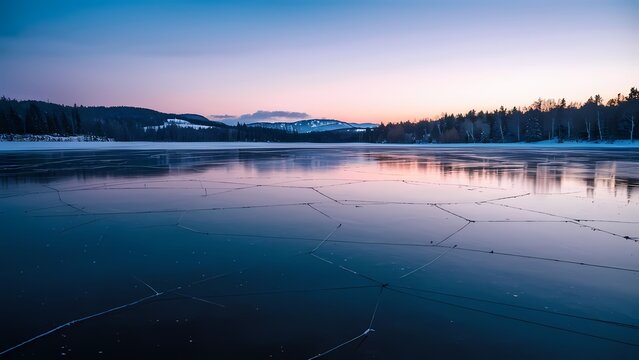 f a frozen lake in winter, with the icy surface reflecting the soft hues of the twilight sky