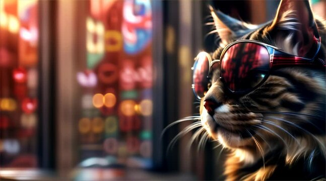 Sunglasses revealing hidden cyber worlds worn by a cat detective on neon lit streets