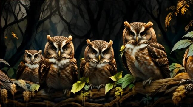Secret society of wise owlets hidden beneath ancient trees guarding ancient secrets