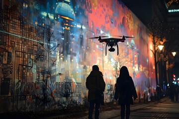 In a serene, illuminated atmosphere, two individuals stroll along the street while a drone hovers above, capturing the scene with a sense of tranquil observation. - obrazy, fototapety, plakaty