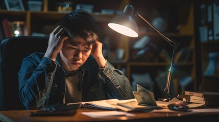 Asian male suffering from financial problems with a stressed expression and empty wallet. - obrazy, fototapety, plakaty