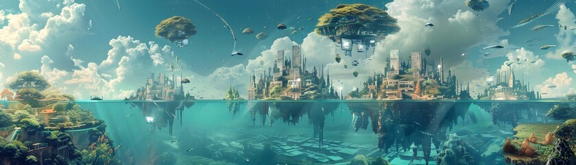 A breathtaking panoramic view of a utopian city featuring floating islands above and a vivid underwater world below. - obrazy, fototapety, plakaty