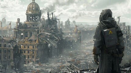 A lone survivor in a hazmat suit contemplates the vast destruction of a once-thriving city, now a silent expanse of ruins under a clouded sky.