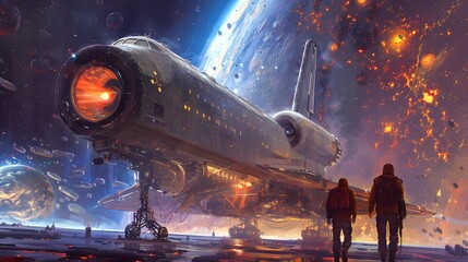 Two space travelers stand before a massive intergalactic spaceship, preparing for a journey amidst a backdrop of planets and a starry explosion.
