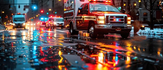 Naklejka premium Emergency Medical Technician Rushing to Car Accident Scene with Flashing Ambulance Lights Reflecting on Wet Street- Urgency and Teamwork in Action to Save Lives