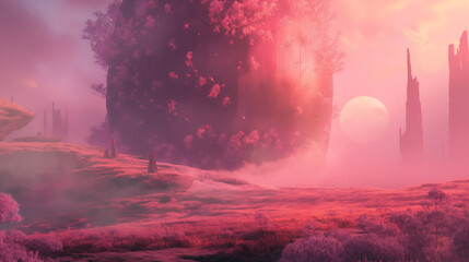 concept art of an alien planet landscape, pink foggy sky, giant tree in the distance, purple and red colors