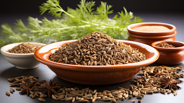 Organic cumin seeds in a plate on white background