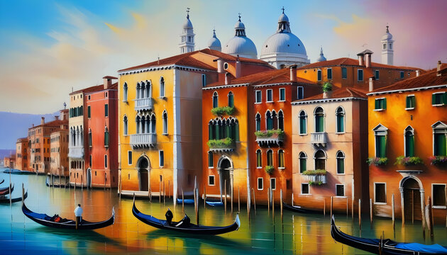 An oil painting of the iconic canals and gondolas in Venice, Italy with vibrant colors