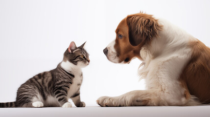 Dog and cat on white background, font view, photo shot