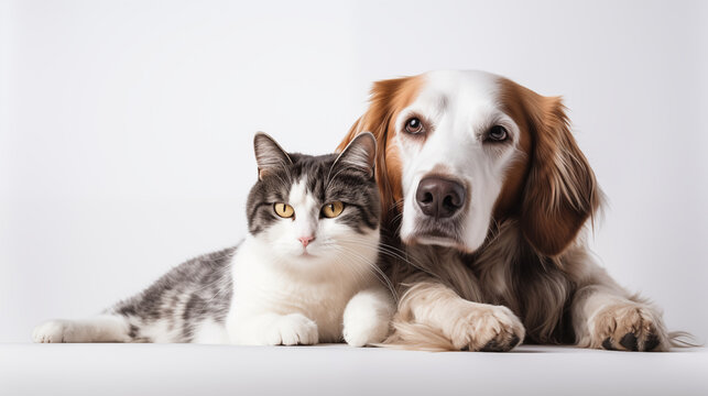 Dog and cat on white background, font view, photo shot