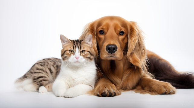 Dog and cat on white background, font view, photo shot