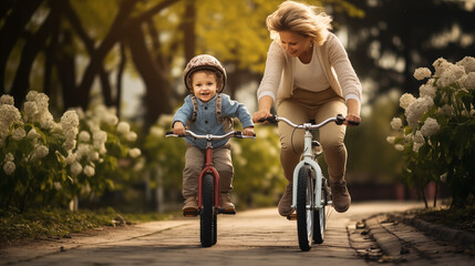Little boy learning to ride bicycle at park with mother, photo sho