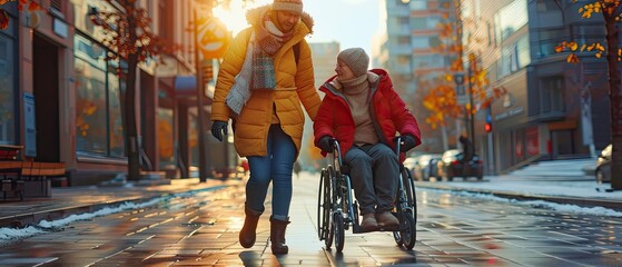 Caring Streets: Resilient Caregiver and Disabled Individual Embrace Determination and Empowerment Through Compassionate Teamwork and Inclusivity
