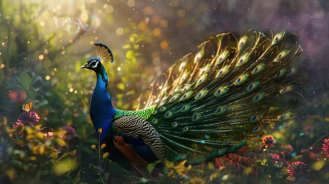 a beautiful peacock in the flower garden. seamless looping time-lapse virtual 4k video Animation Background.