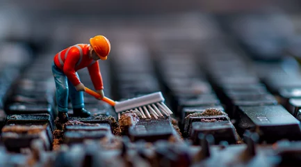 Fotobehang miniature of tiny person wearing overalls and an orange hard hat is using a brush to clean the keys on his computer keyboard © Poprock3d