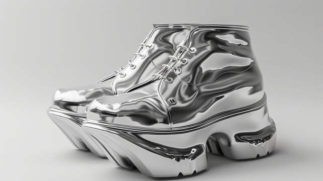 pair of futuristic silver metallic platform shoes, with chunky soles and avant-garde design elements, making a bold statement against a minimalist white background.