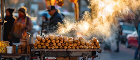 Authentic Mexican Tamale Vendor Cart: Steaming Variety of Handcrafted Tamales in Rustic Outdoor Market Setting