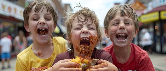 Authentic Mexican Street Fair: Playful Children Devouring Tasty Tamales with Messy Smudged Faces in...