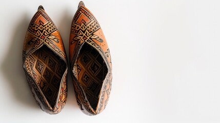 pair of traditional Moroccan babouche slippers, with intricately patterned leather and pointed toes, representing cultural heritage against a pristine white backdrop. 