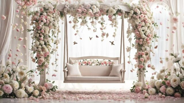 蝶が飛ぶピンクの花のアーチとベンチのようなブランコのアンティークな雰囲気の背景動画