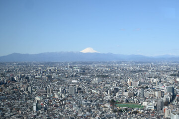 東京新宿西口の都庁の展望台より東京市街地と遠くに富士山をのぞむ