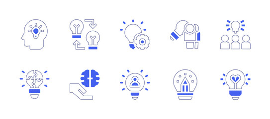 Idea icon set. Duotone style line stroke and bold. Vector illustration. Containing solution, idea, exchange ideas.