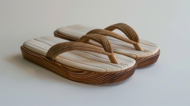 pair of traditional Japanese geta sandals, with wooden soles and fabric thong straps, representing centuries of craftsmanship against a pristine white background.