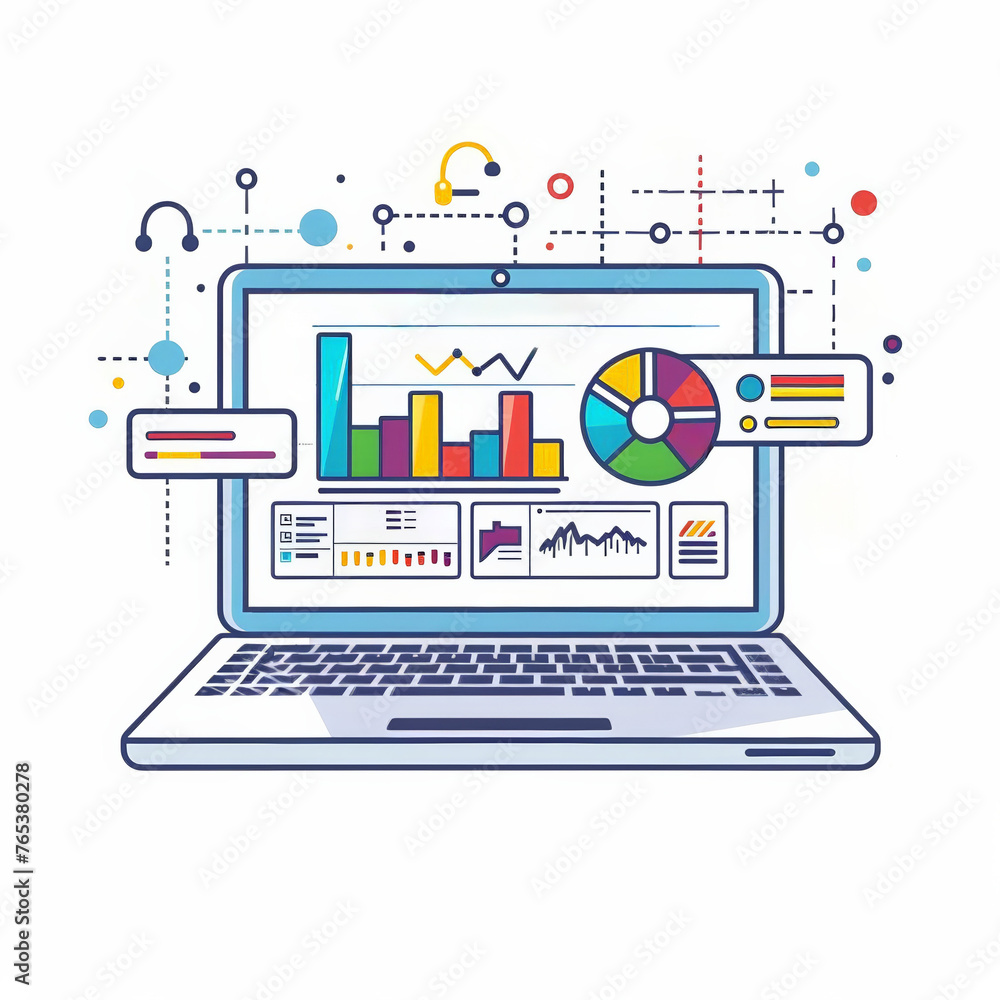 Aufkleber colorful digital marketing analytics concept with charts and diagrams on a laptop screen, isolated o