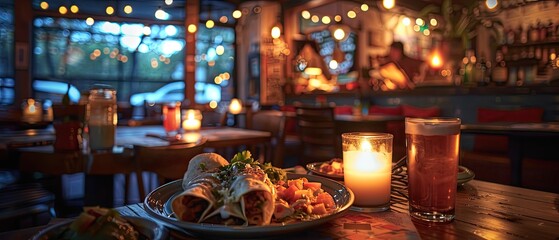 Fototapeta na wymiar Dark and Cozy Mexican Cantina: Enchiladas in Flickering Candlelight - Moody Food Photography Ignites Appetite for Adventure