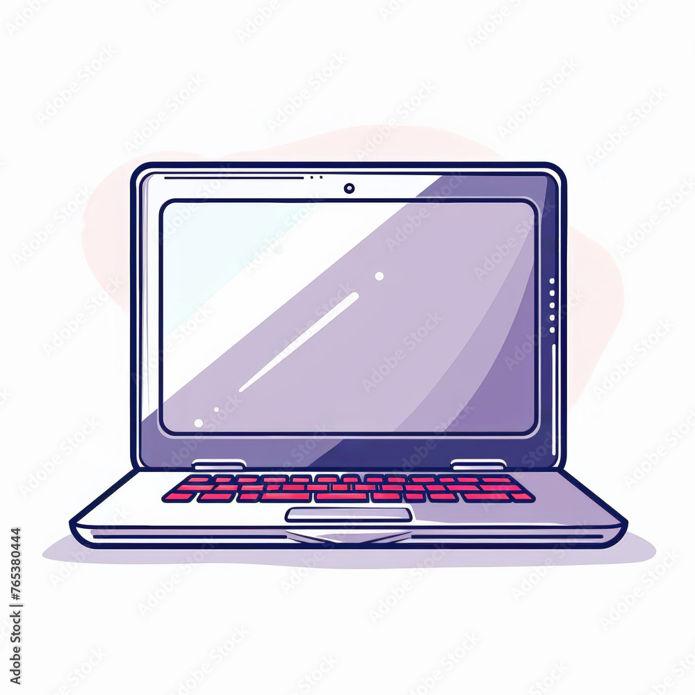Poster stylized vector illustration of an open laptop with a purple and white color scheme, ideal for techn