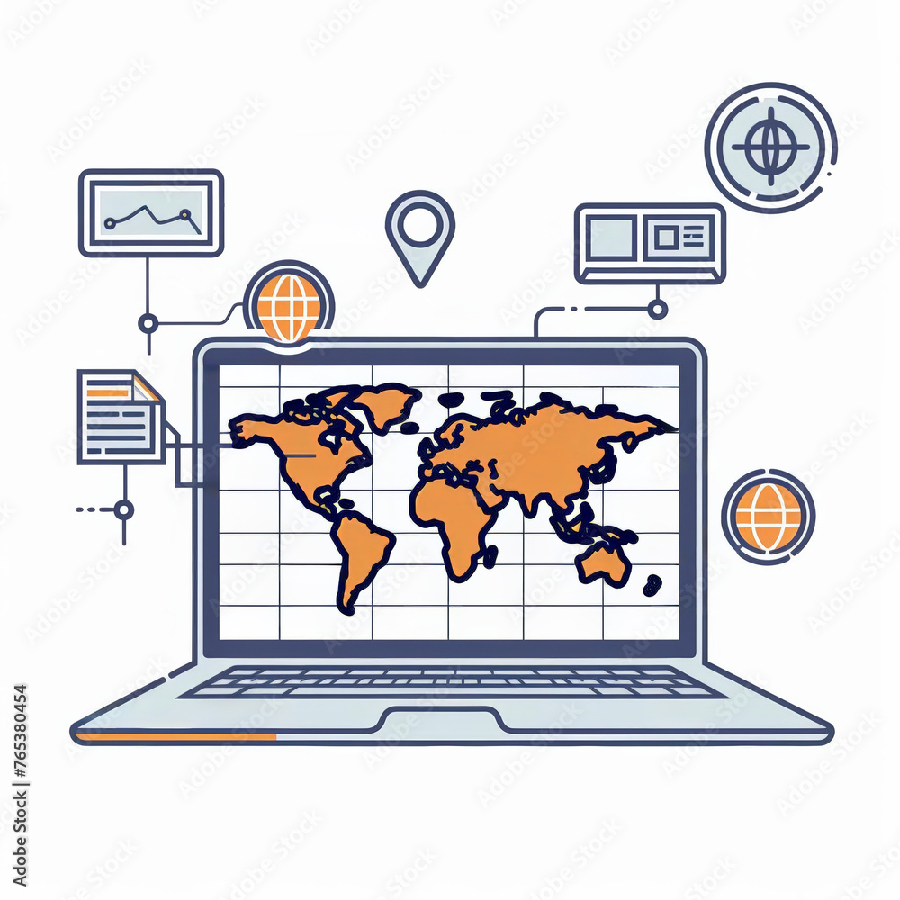 Poster colorful vector illustration of a laptop displaying a world map, with associated data analytics icon
