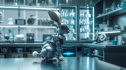 Futuristic robotic rabbit showcasing advanced technological capabilities in a modern,high-tech setting