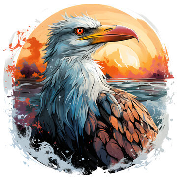  t-shirt printing desine cartoon Pelican multicolored isolated on transparent white background