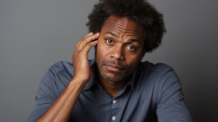 Portrait of a confused puzzled minded black African American man thinking worried expression on empty background - obrazy, fototapety, plakaty