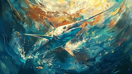 Shimmering swordfish slicing through the water.