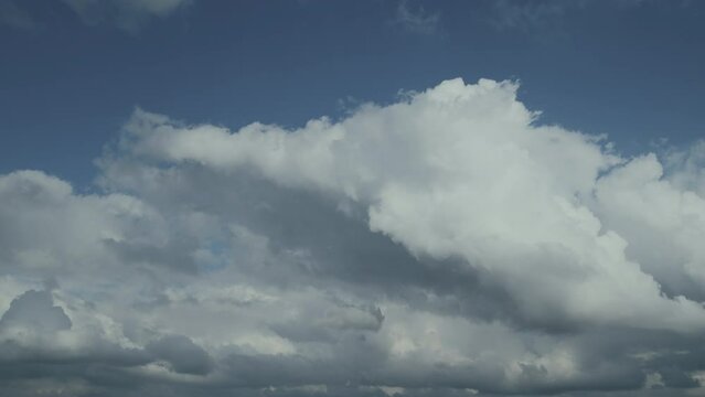 Nature Weather Blue Sky With Moving Cumulus Clouds. Slow Moving Cloudscape. Weather Concept.