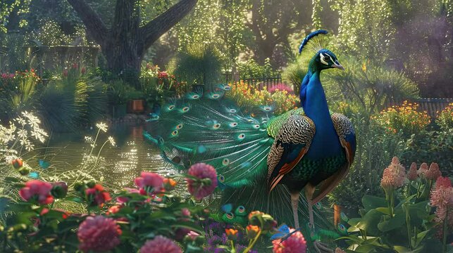 beautiful peacocks and flowers in the protected forest. seamless looping time-lapse virtual 4k video Animation Background.