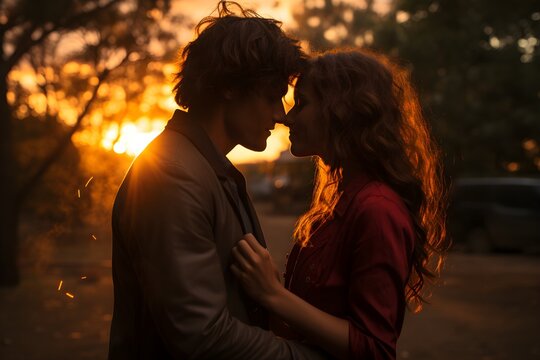 Romantic couple kissing at sunset - Boyfriend and girlfriend in love on a date outdoor