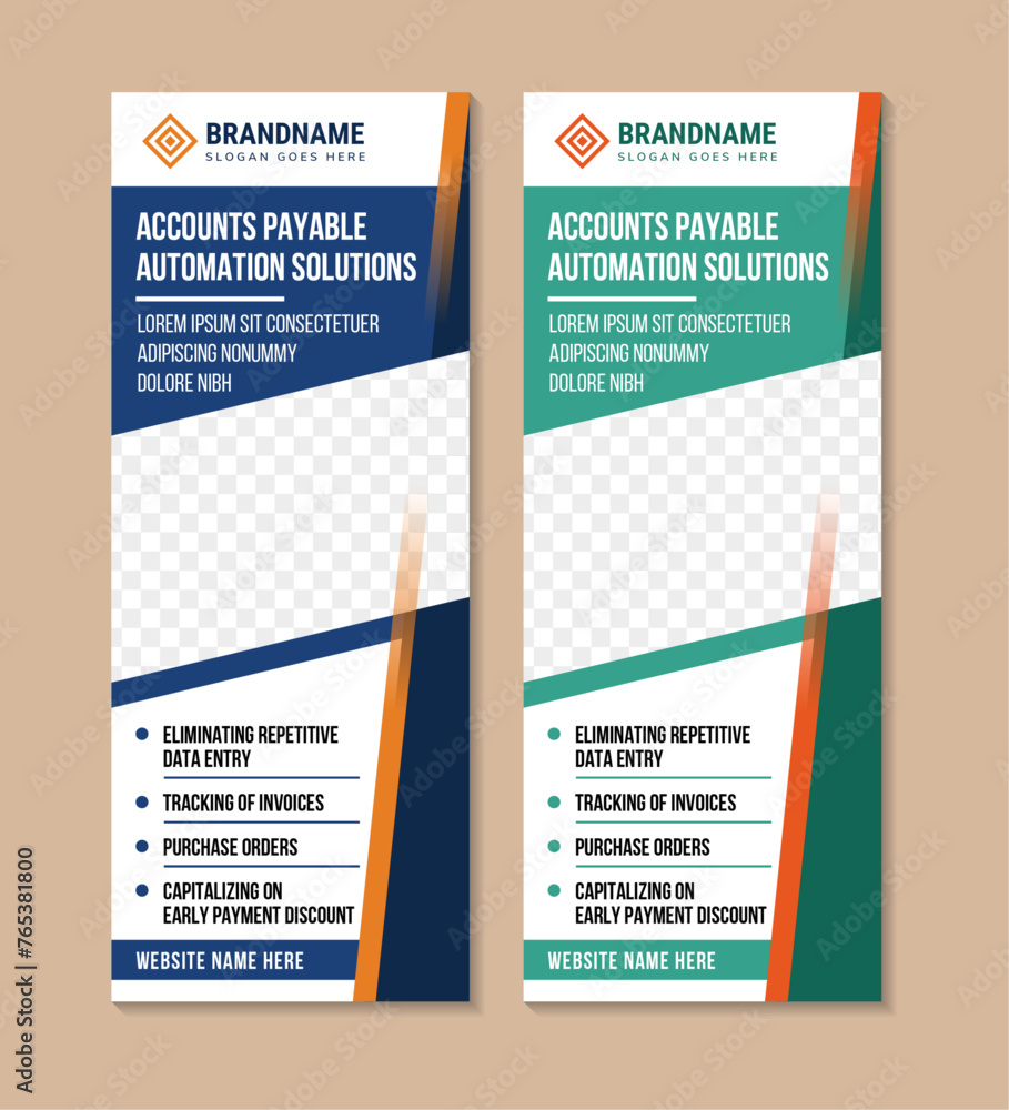 Poster set of abstract geometric vertical roll up banner design template for accounts payable automation solutions. background and element with green and blue colors. diagonal space for photo and text.