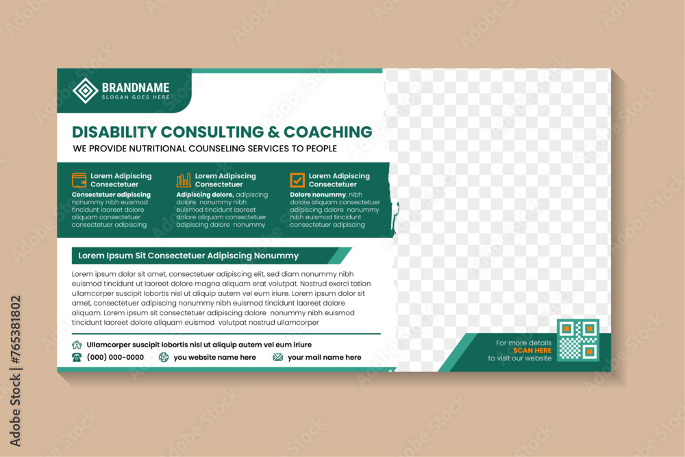 Poster disability consulting and coaching banner design template. horizontal layout with space for photo co