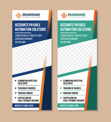 set of abstract geometric vertical roll up banner design template for accounts payable automation solutions. background and element with green and blue colors. diagonal space for photo and text.