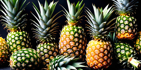 Dark food fruits photography background - Group of pineapples ananas on black table  - obrazy, fototapety, plakaty