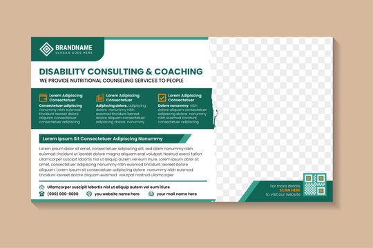 disability consulting and coaching banner design template. horizontal layout with space for photo collage. brush stroke grunge in element with green color. isolated in white background.