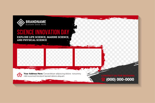 Science innovation day design banner design. Advertising of scientific seminar. red and black simple brush grunge background. Template for banner, poster, flyer, magazine page. Vector illustration