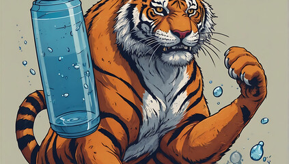 A Tiger holding empty Plastic water bottle , comic book illustration style, simple, dangerous, full colors