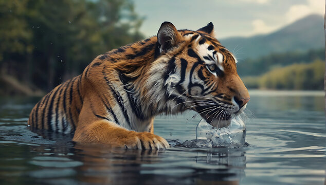 A Tiger picking empty Plastic water bottle in his mouth from a lake, concept image for environment, waste

