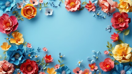 Vibrant Handmade Paper Blossoms on Light Blue with Space for Text: A Celebration of Creativity and Nature