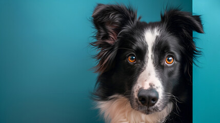 border collie dog portrait with a hiding cat behind in front of a blue background - obrazy, fototapety, plakaty