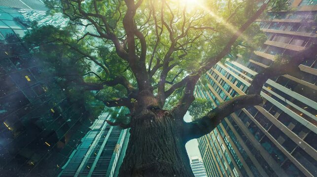 Large and beautiful trees in the middle of the city are very rare. seamless looping time-lapse virtual 4k video Animation Background.